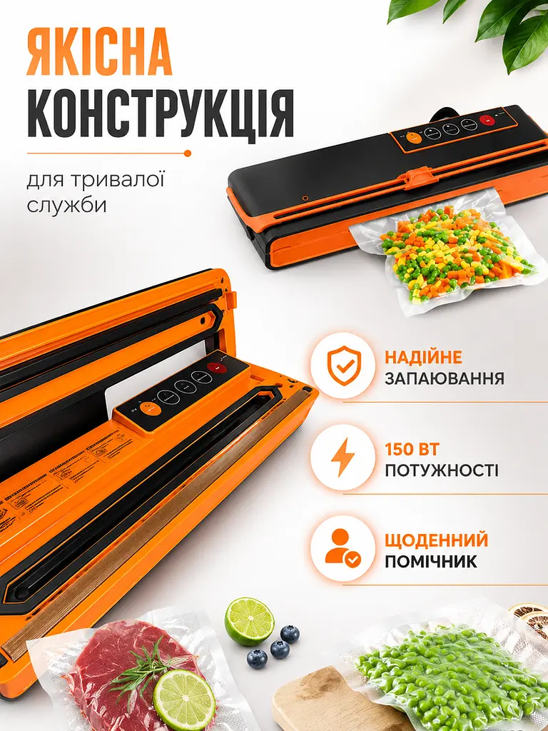 Вакуумний пакувальник для продуктів 150 Вт із запаюванням пакетів для дому та кухні, чорного кольору з помаранчевими елементами - фото 6