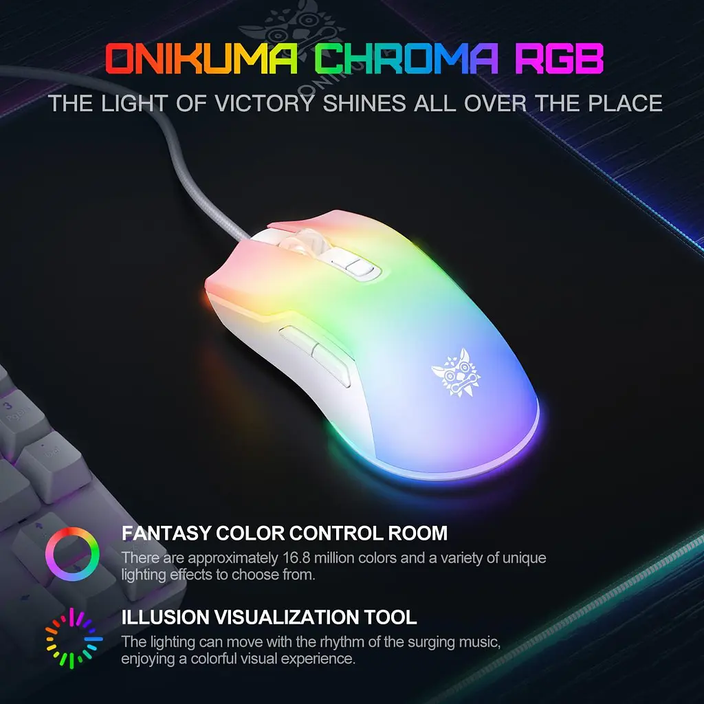Компьютерная мышка Onikuma игровая C-22 Pro с RGB подсветкой и 6400 DPI проводная для ПК и ноутбука белый - фото 7