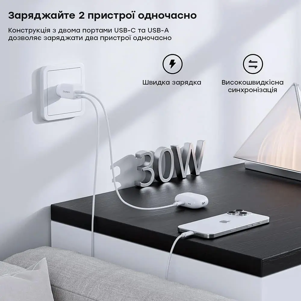Сетевое зарядное устройство Choetech USB-A/USB-C PD5012-EU-WH - фото 7