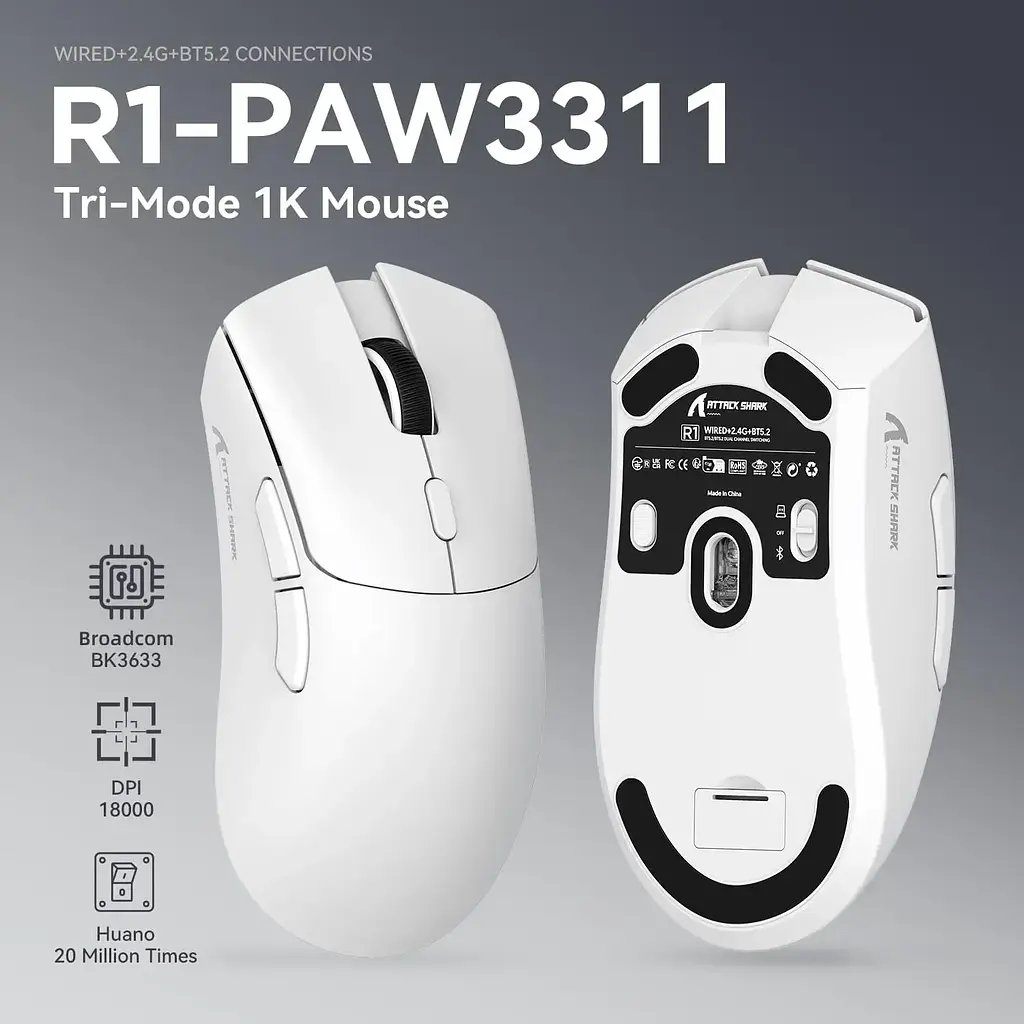 Ігрова ультралегка миша ATTACK SHARK R1 з сенсором PAW3311, Білий - фото 6