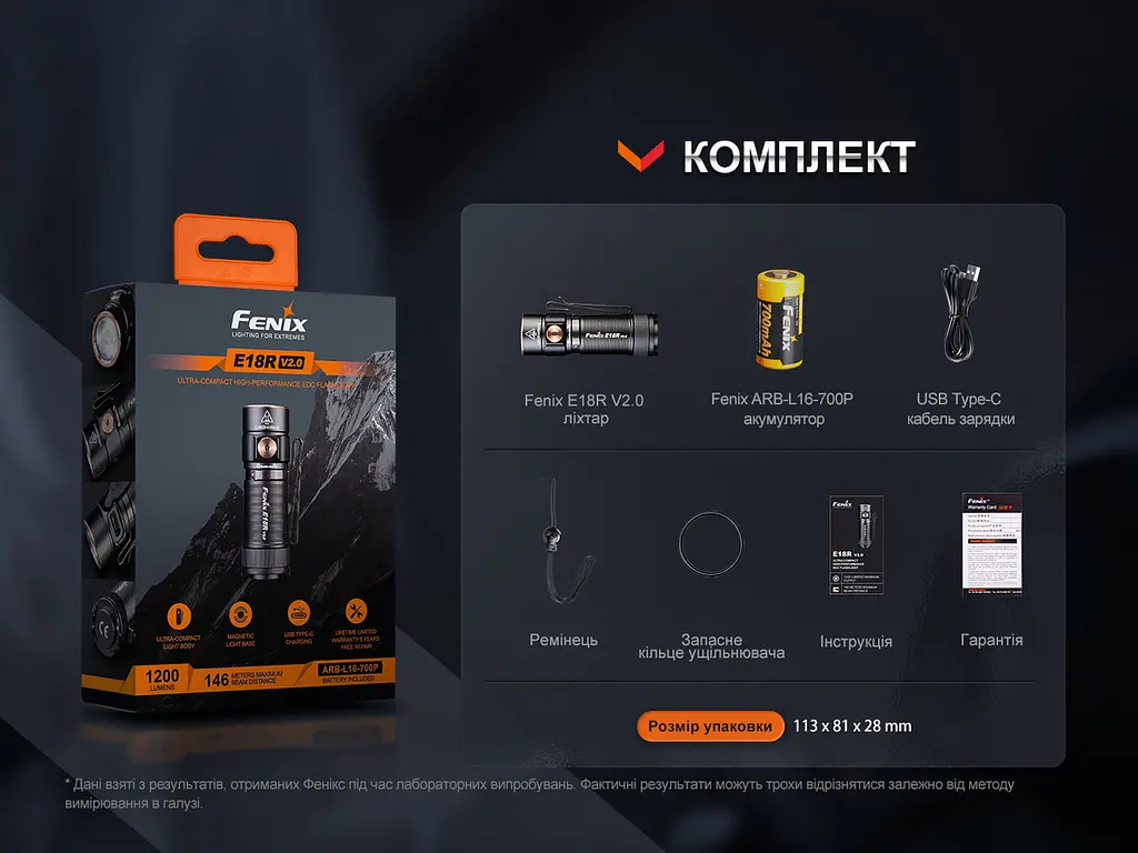 Ручний міні ліхтарик Fenix E18R V2.0 1200лм USB Type-C (Чорний) - фото 7