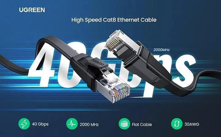 Патч корд UGREEN мережевий кабель 40 Гбіт\с 2000 МГц Ethernet RJ45 Cat 8 плоский 1М Black (NW134) - фото 8
