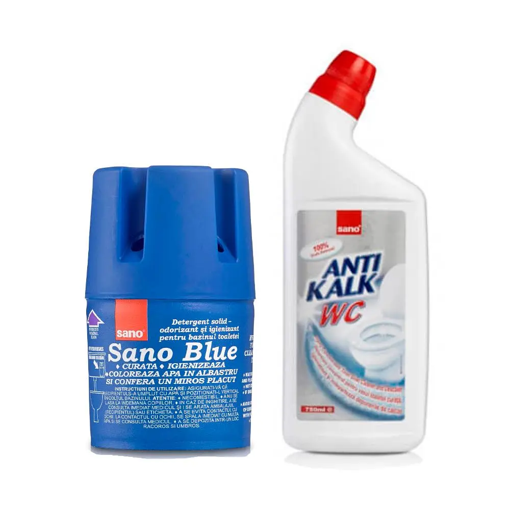 Бачок для миття унітазу Sano Blue Flash, 150 г & Засіб для чищення унітазів Sano Anti Kalk WC 750 мл (287607, 287621)
