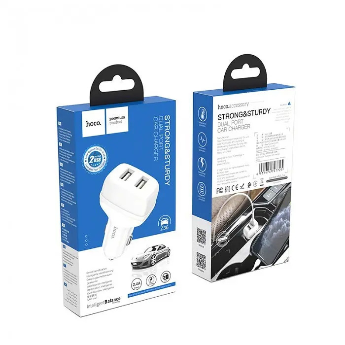 Автомобільна зарядка для телефону біла HOCO Z36 Leader 2USB/2,4A - фото 2