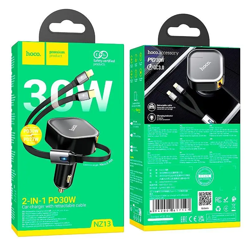 Адаптер автомобільний Hoco Clever PD30W Car charger with telescopic cable NZ13 (Type-C + iP) - фото 2