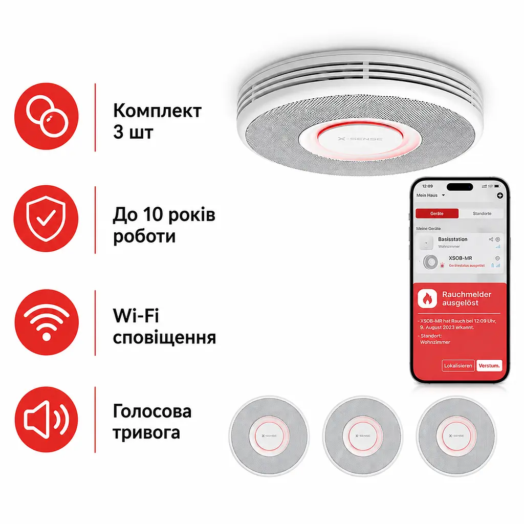 Бездротовий датчик диму X-Sense XS0B-MR автономний пожежний сповіщувач Wi-Fi комплект 3 шт (SKU-116) - фото 2
