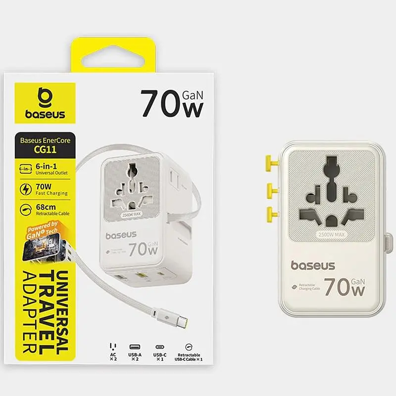 Мережевий універсальний перехідник CG11 70W with retractable cable (2USB-A/3C/1Socket) (E0307E) Baseus teh0029670 - фото 2