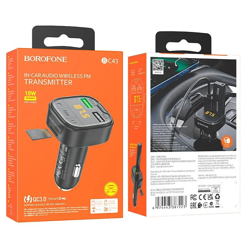 АЗП з FM-модулятором BOROFONE BC43 Flash QC3.0 car BT FM transmitter 18W чорний - фото 2
