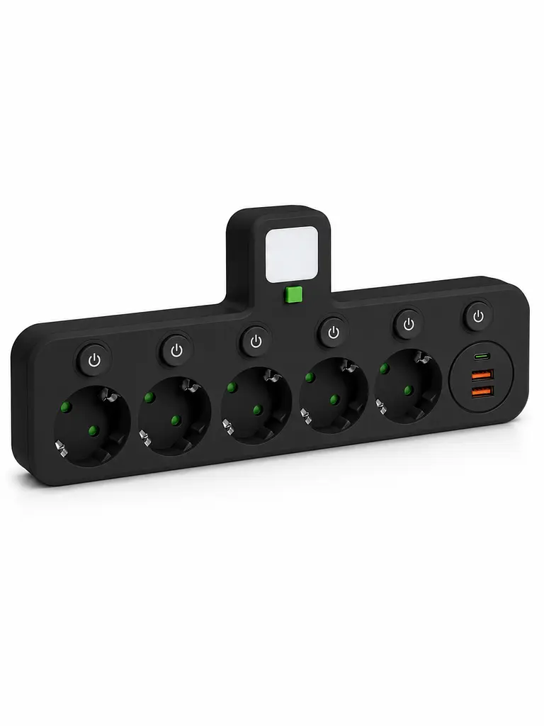 Адаптер у розетку на 5 розеток із 2 USB і Type-C 17 Вт, окремими вимикачами та LED-нічником, чорний (49676254)