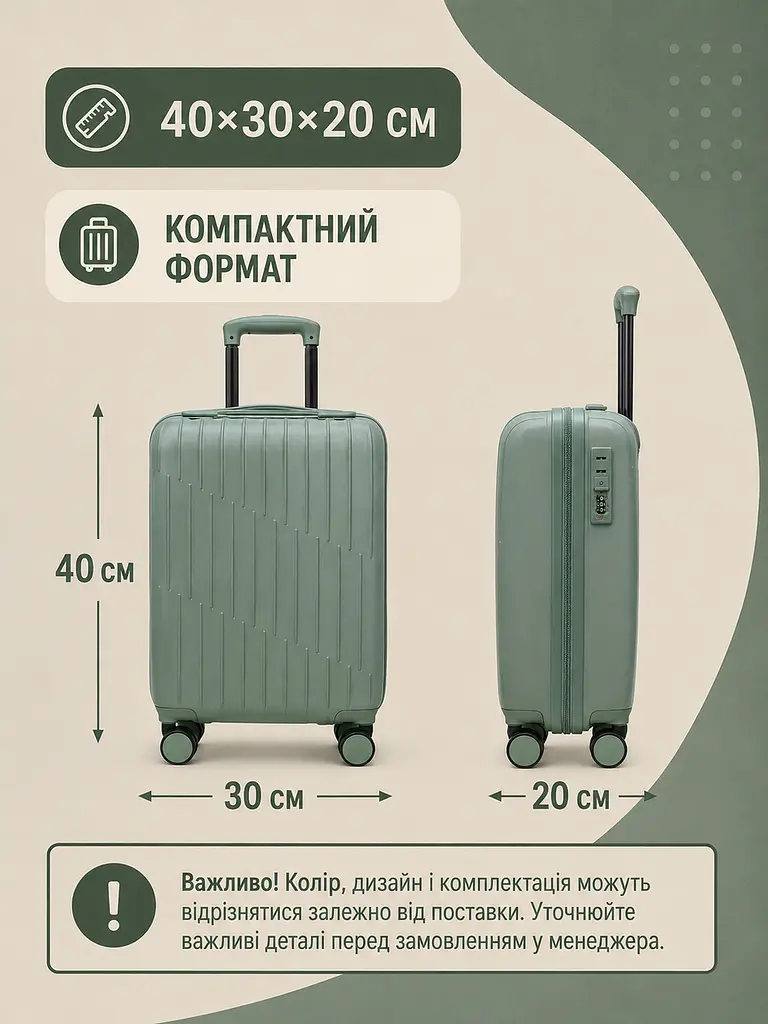 Дорожня валіза на коліщатках 40×30×20 см для ручної поклажі з телескопічною ручкою та кодовим замком, фісташковий (49676350) - фото 3