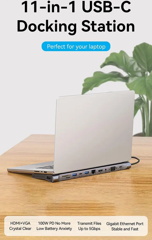 Док-станція Vention USB3.1 Type-C -- HDMI/VGA/USB-C/USB3.0x3/RJ45/SD/TF/TRRS 3.5mm/PD 100W 11in1 (THTHC) - фото 2