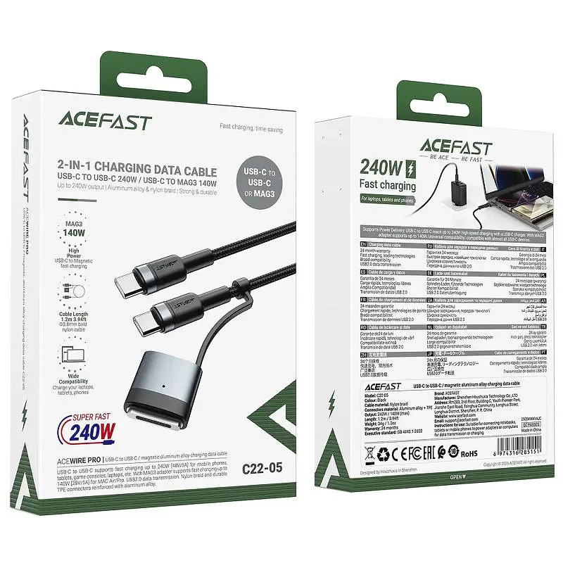 Дата кабель Acefast C22-05 2in1 Type-C to Type-C 240W/MAG3 140W (1.2m) Black - фото 4
