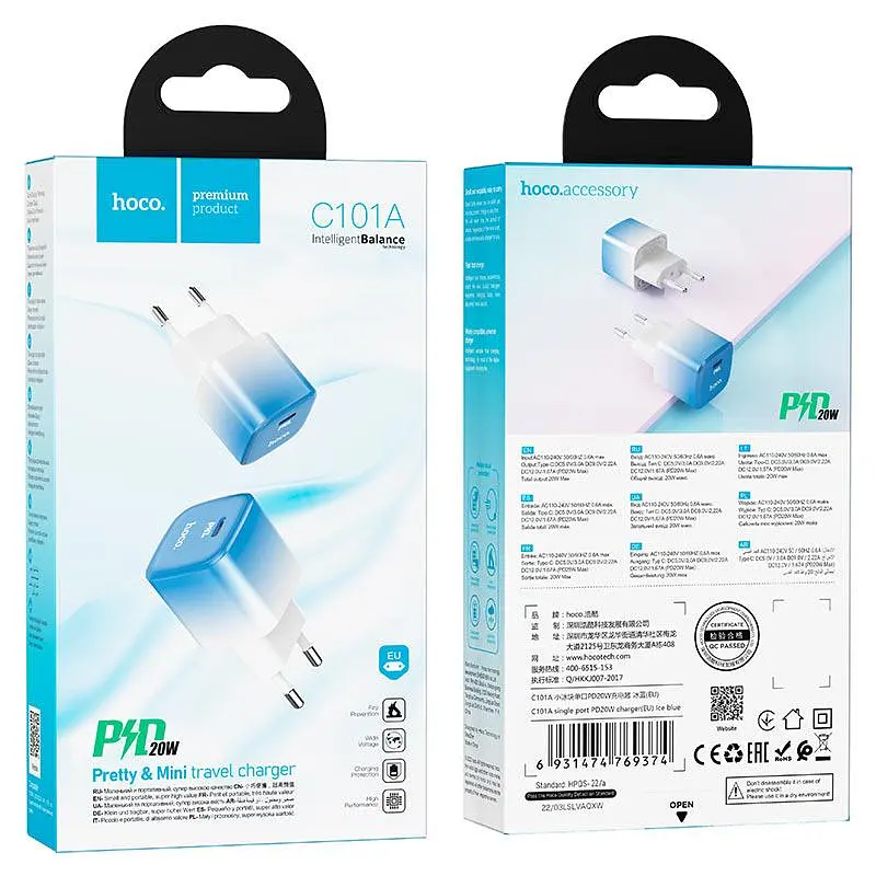 Адаптер зарядный - блок питания Hoco C101A single port PD20W charger бело-синий - фото 3