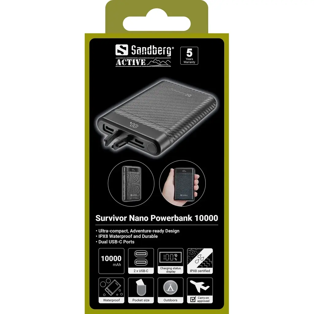 Батарея універсальна Sandberg 10000mAh, 20W, PD, Survivor Nano, IPX8 (421-32) - фото 3