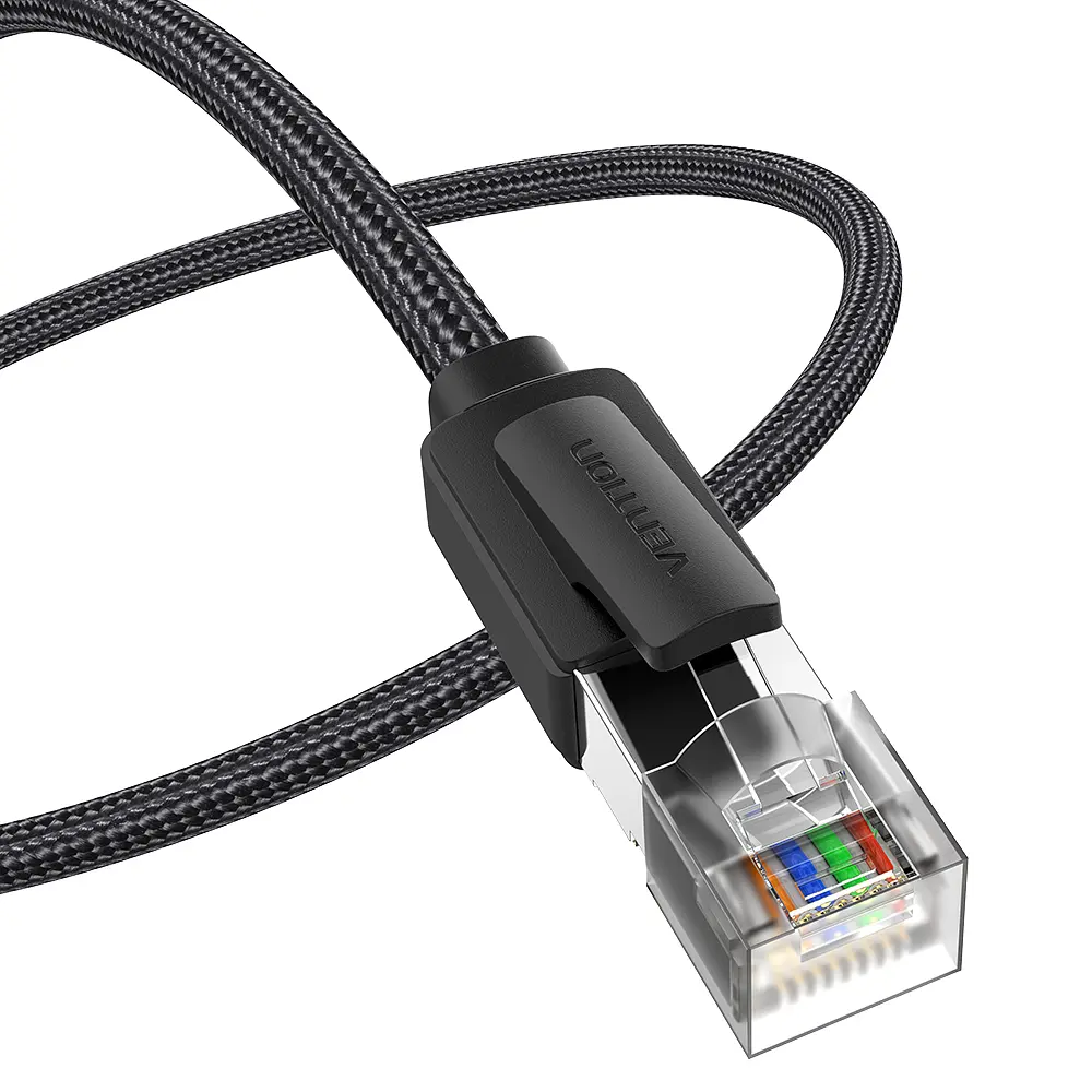 Мережевий патч-корд Ethernet Cat8 SFTP Vention 0,5 м LAN-кабель тип роз’єму RJ45 8P8C швидкість передавання 40 Гбіт/с і смуга пропускання 2000 МГц 2 прозорі пилозахисні ковпачки RJ45 у комплекті PVC-оболонка з бавовняним обплетенням чорний (IKOBD)