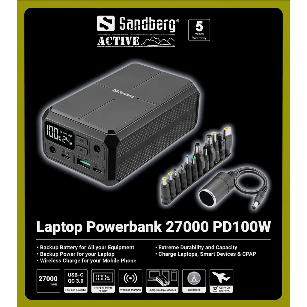 УМБ Sandberg 27000mAh Laptop DC12–24v 84W,100W PD, QC3.0, USB-A, 2xDC, 2xUSB-C, QI-10W, PowerThru - фото 7