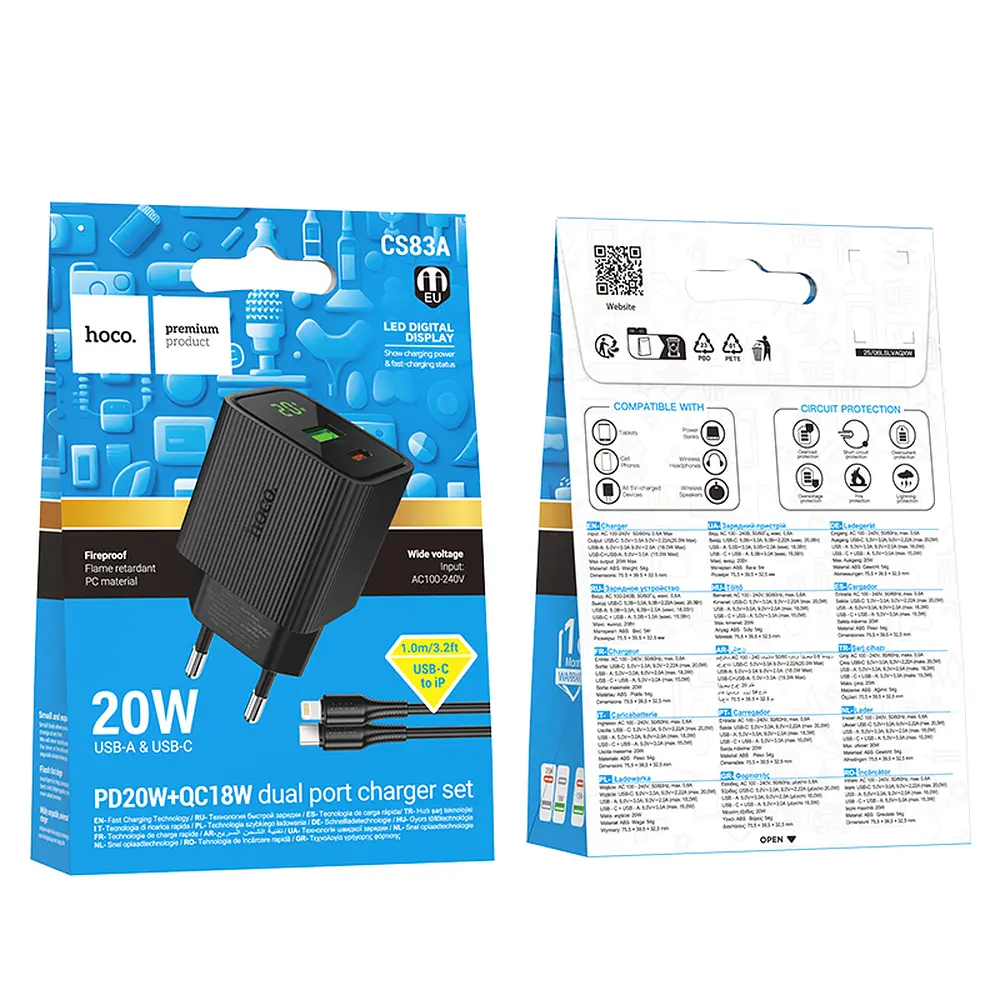 МЗП Hoco CS83A Excellent PD20W+QC3.0 charger with digital display set(C to iP)(EU) Black - фото 2