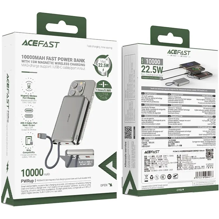 Я Acefast Magnetic Wireless 10000mAh 22.5W PD, QC 3.0 USB-C In/Out, QI 15W M18 Чорний - фото 4
