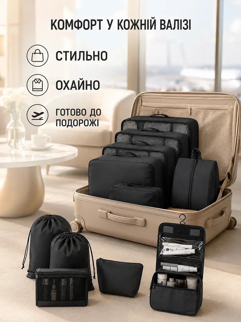 Набір дорожніх органайзерів для валізи 11 в 1 для одягу, взуття та косметики чорний (49676175) - фото 4