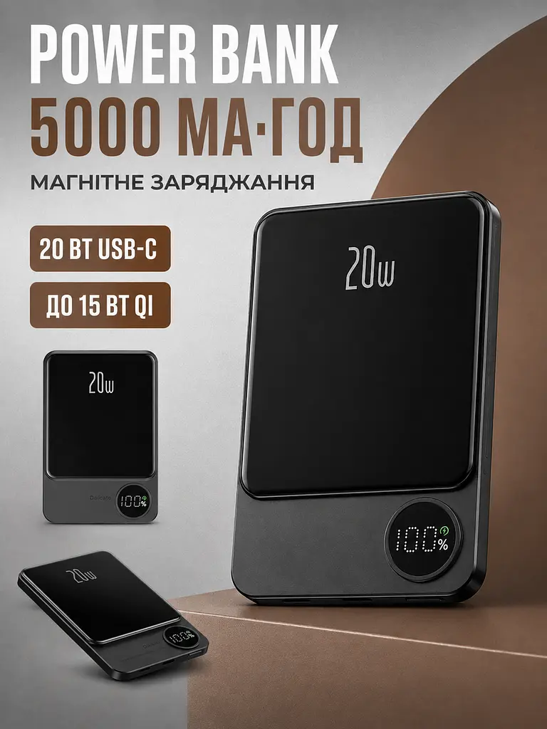 Power Bank 5000 мА·год MagSafe 20 Вт з бездротовим заряджанням 15 Вт, USB Type-C та дисплеєм, чорний (49676356) - фото 2