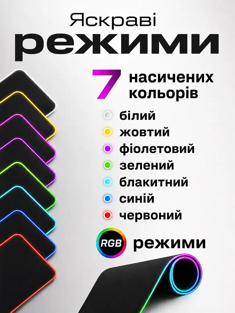 Килимок для миші ігровий RGB 70x30 см з прогумованою основою, чорний (49675893) - фото 3