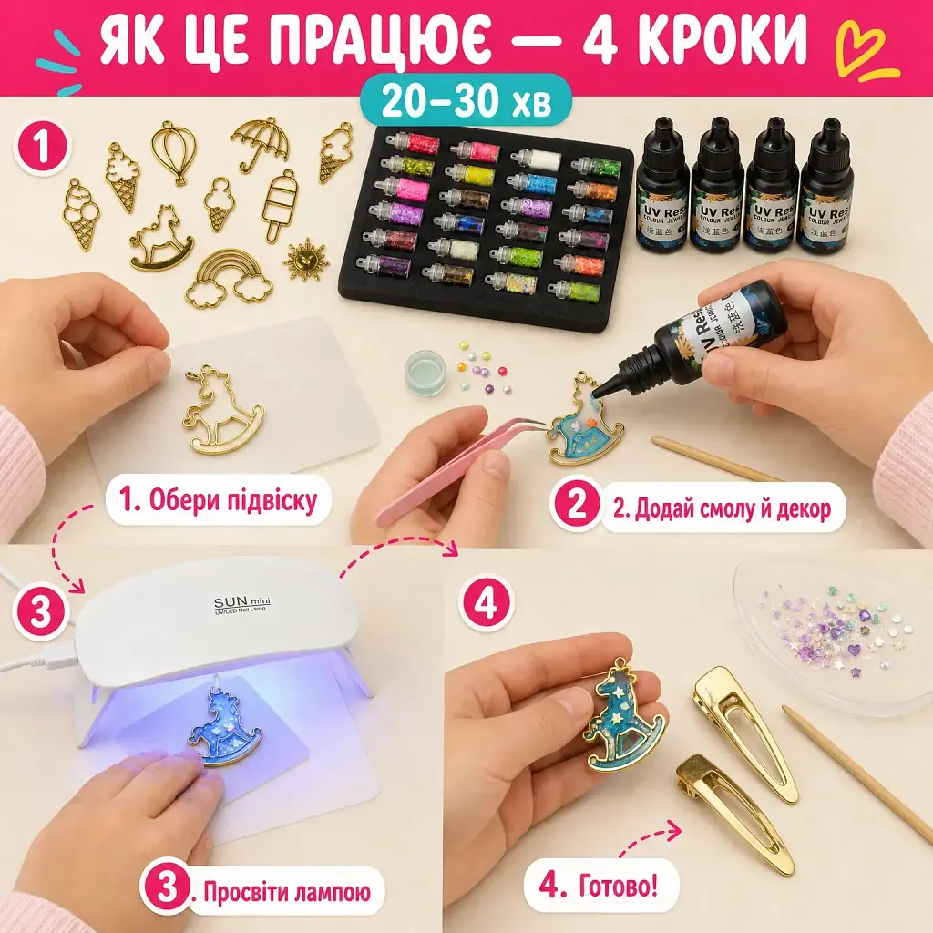 Набір для створення прикрас з кольорової UV-смоли Alexes з УФ-лампою - фото 4
