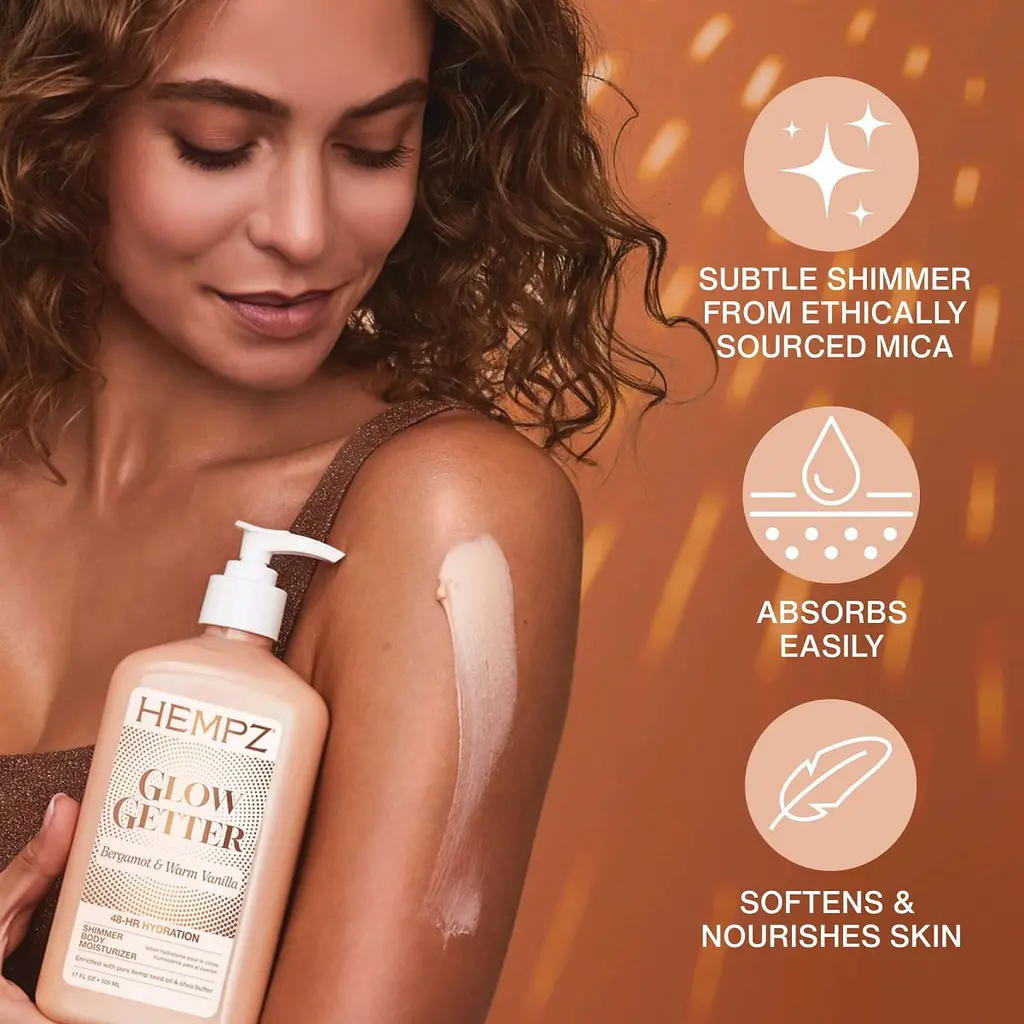 Молочко для тіла з шиммером "Бергамот та Тепла Ваніль" Glow Getter Shimmer Herbal Body Moisturizer Bergamot & Warm Vanilla Hempz 500 мл (8104-03) - фото 3