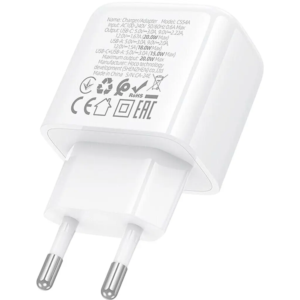 Мережевий зарядний пристрій Hoco CS54A Surplus PD20W+QC3.0 White (6942007631518) [173056] - фото 6