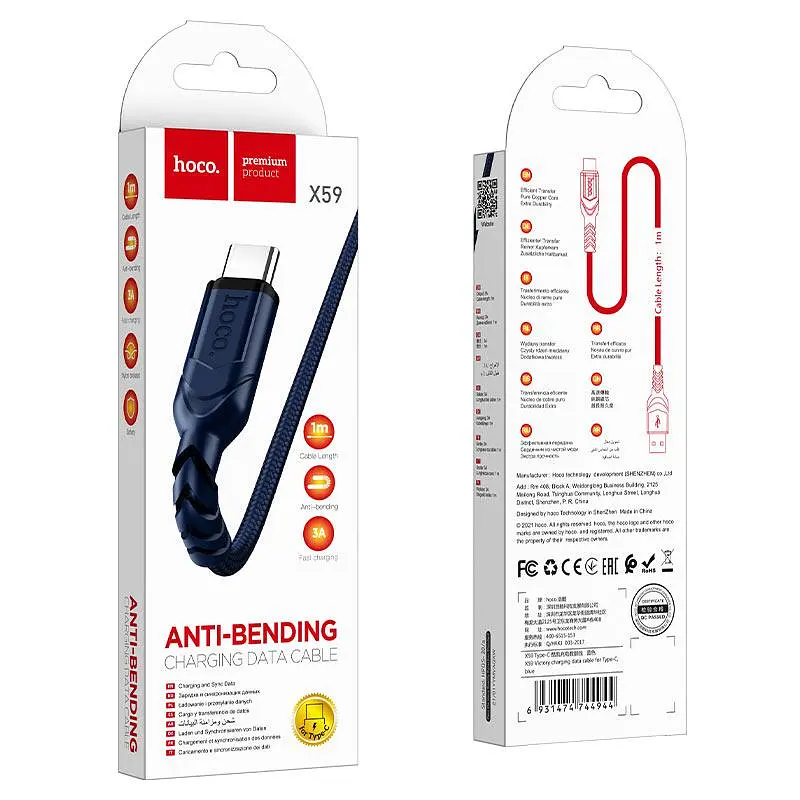 Кабель Hoco X59 USB to Type-C 3A 1 м nylon TPE connectors блакитний - фото 2
