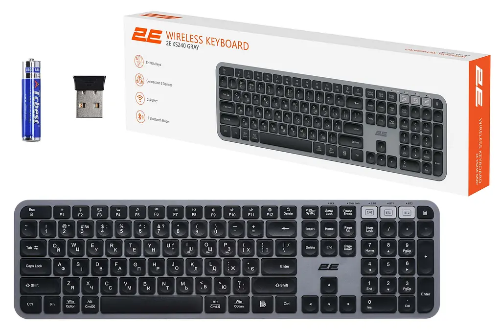 Клавіатура бездротова 110key, WL/BT 2E KS240 Grey-Black - фото 5