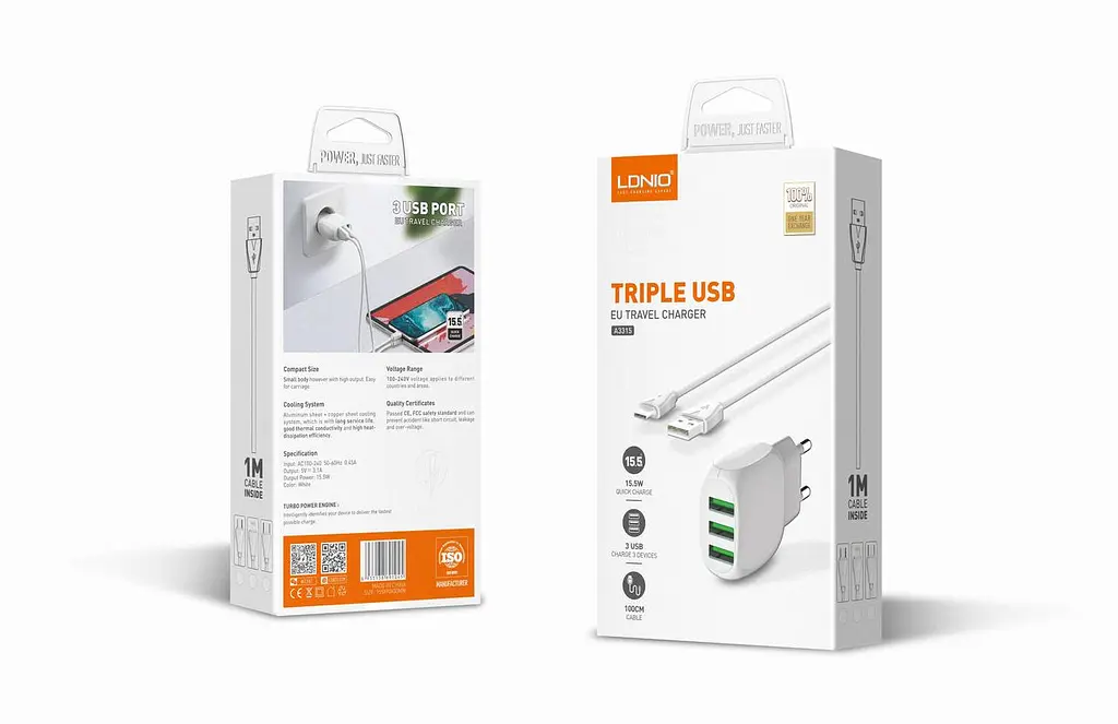 Блок зарядное устройство 3 порта USB LDNIO A3315 Micro USB кабель-набор белый - фото 7