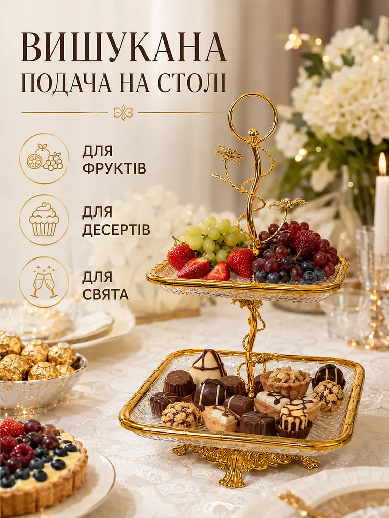 Дворівнева скляна підставка для фруктів і солодощів 43 см із позолоченими елементами (49676218) - фото 4