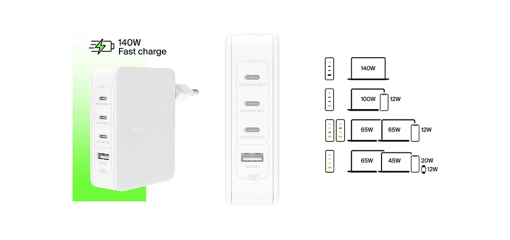 Зарядний пристрій мережевий Belkin 140Вт 3хUSB-С GAN PD PPS, USB-A, білий - фото 6