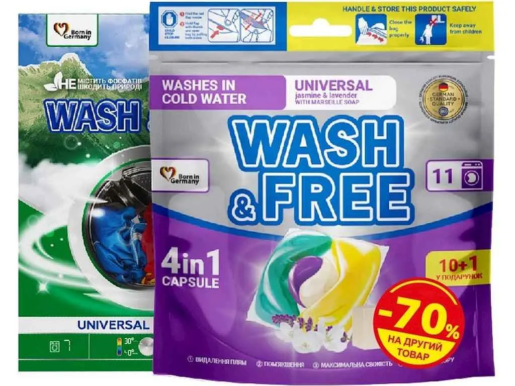 Набір WASH & FREE 11 шт. Капсули "Wash&Free" 10+1 шт. + Порошок для прання "Гірська свіжість" 400 г