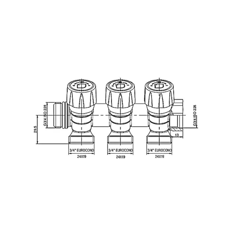 Колектор з регулюючими вентилями на Roho 3 вих. R809-03 - 3/4"x3/4" Ek RO0250 - фото 3