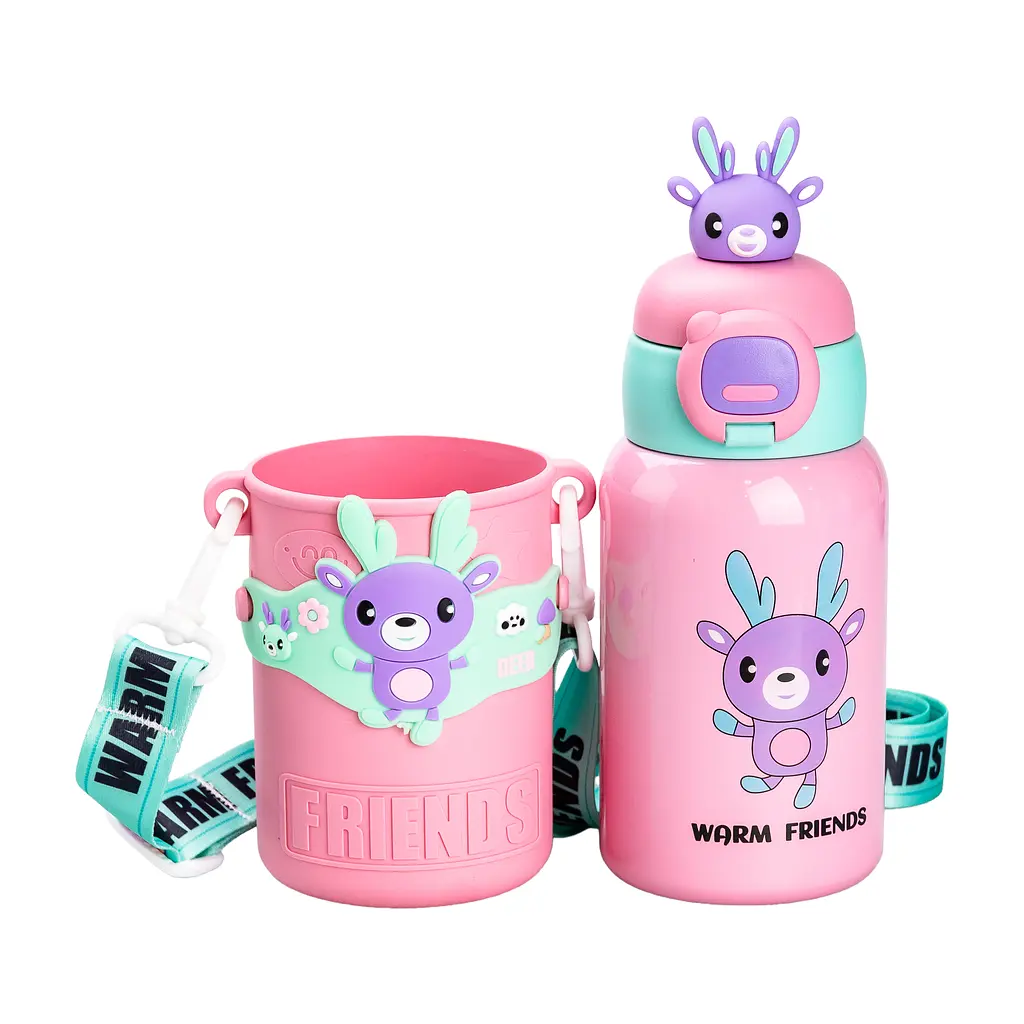 Термос детский Yiwu Warm Friends HP18308P со съемным силиконовым чехлом и ремешком 450 мл розовый - фото 3