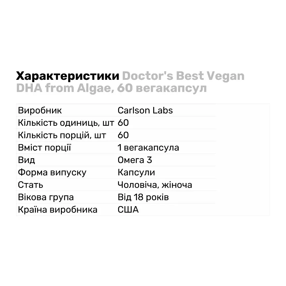 Жирні кислоти Doctor's Best Vegan DHA from Algae, 60 вегакапсул - фото 2