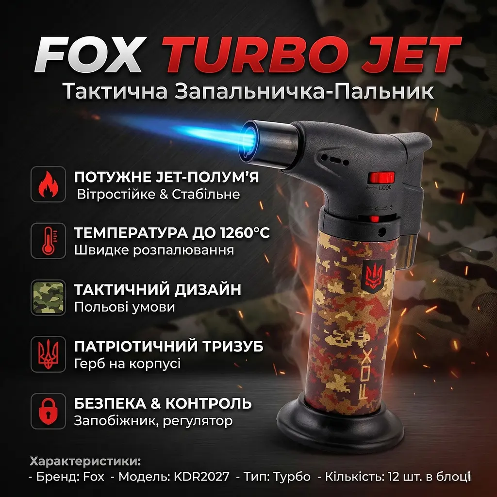 Пальник-запальничка газова Fox Turbo Jet Камуфляж з Гербом блок 12 шт - фото 4