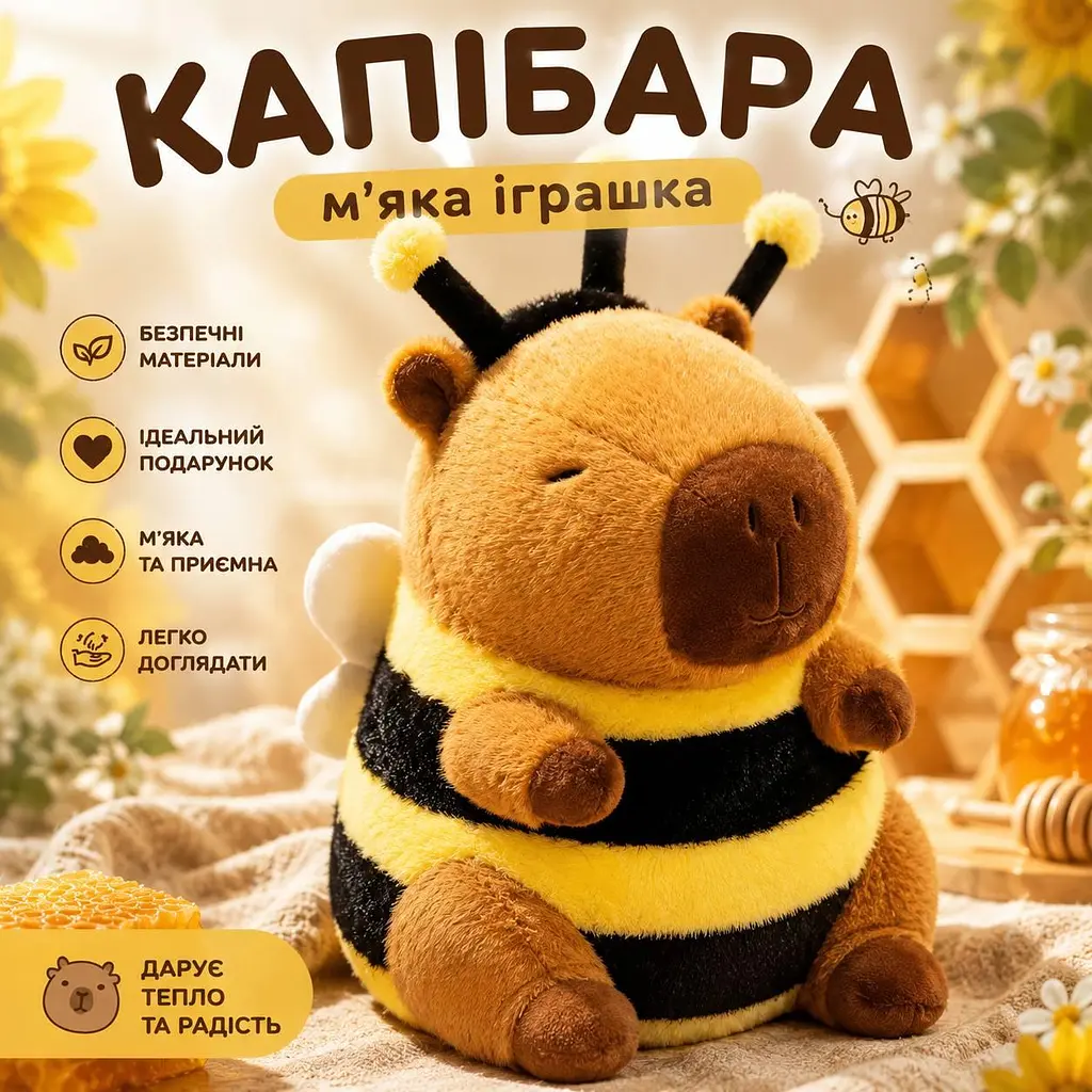 Іграшка м'яка Капібара Бджілка - плюшева капібара в костюмі бджоли - подарунок для дітей і дорослих - фото 2