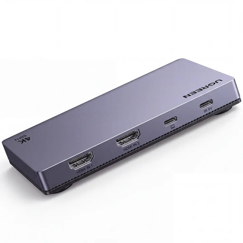 Двоканальна карта захоплення аудіо та відео UGREEN UG705 2 входи HDMI та вихід USB-C до комп’ютера 4K 60 Гц / 2K 144 Гц / 1080p 240 Гц у максимальних режимах MJPEG за недостатнього живлення потрібне додаткове живлення USB-C 5 В інтерфейс USB 3.2 Gen 2 мікрофонний та лінійний входи 3,5 мм для OBS одночасна трансляція на дві платформи через дві програми алюмінієвий корпус з вентиляційними отворами космічний сірий із чорним (35869)