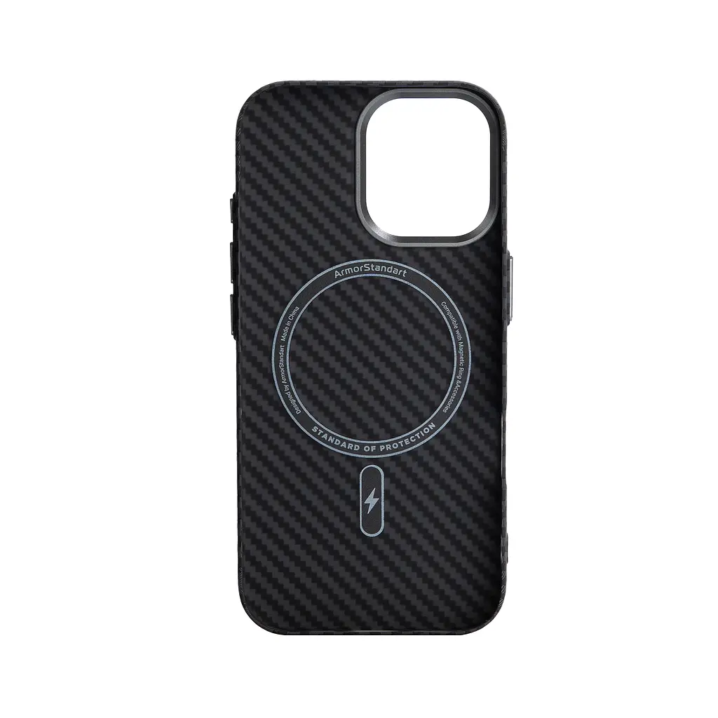Карбоновый чехол для Apple iPhone 17, LikeCarbon2 MagCase, черный, тонкий защитный чехол-панель из поликарбоната с магнитами N52, MagSafe, противоударный, совместим с беспроводной зарядкой, приподнятые края для защиты камеры, ArmorStandart (ARM86257) - фото 2