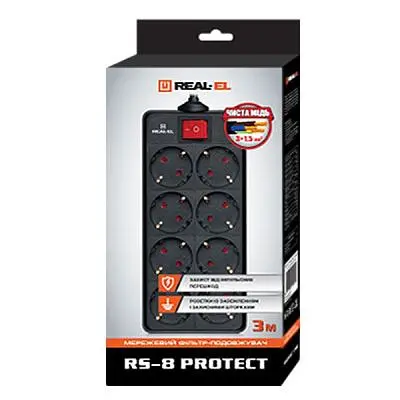 Мережевий фільтр живлення REAL-EL REAL-EL RS-8 PROTECT, 1.8m, black (EL122300021) - фото 2