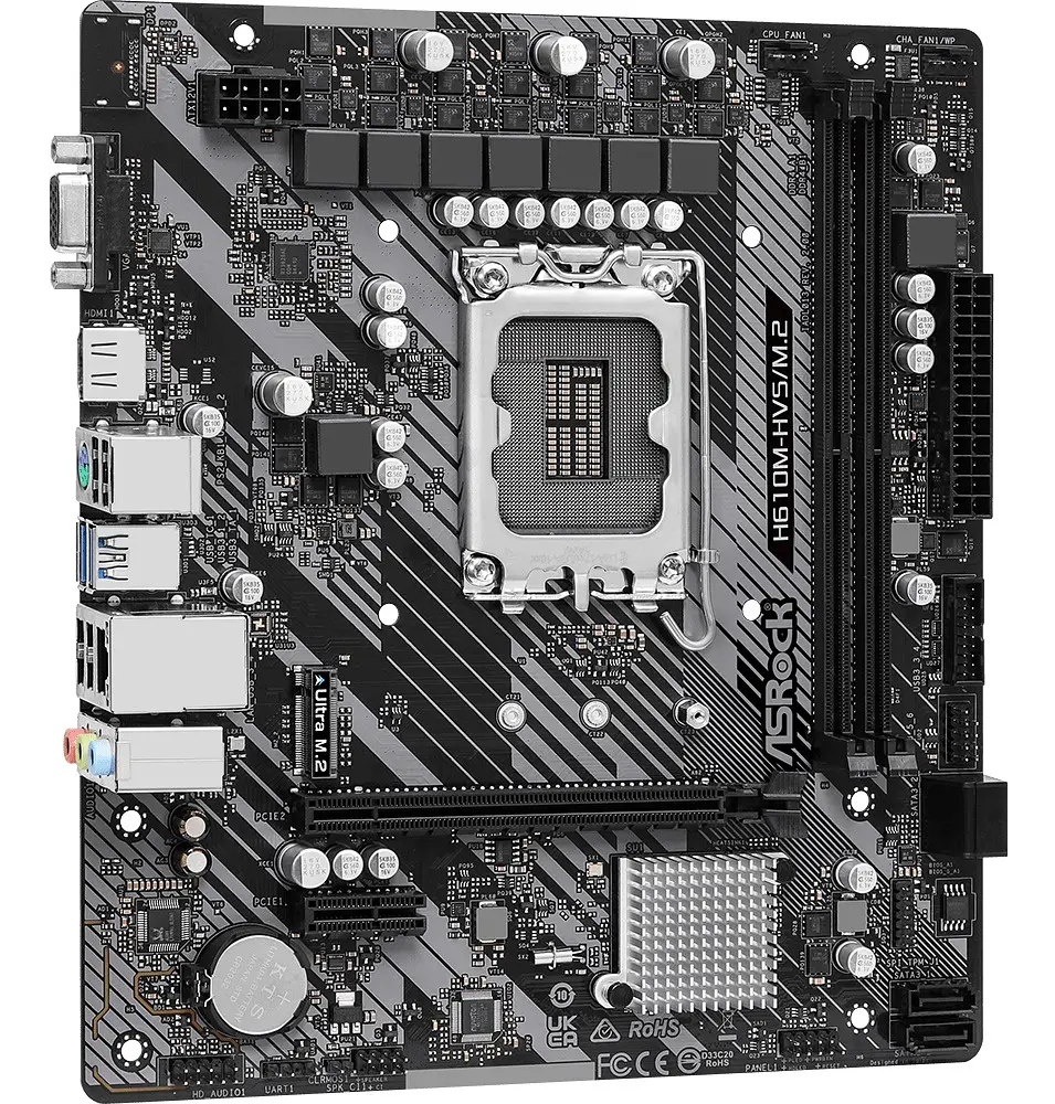 Материнская плата LGA1700, ASRock H610M-HVS/M.2 R2.0, H610, 2xDDR4, Int.Video(CPU), 4xSATA3, 1xM.2, 1xPCI-E 16x 4.0, 1xPCI-E 1x 3.0, ALC897, RTL8111H, 4xUSB3.2/6xUSB2.0, VGA/HDMI, MicroATX - фото 3