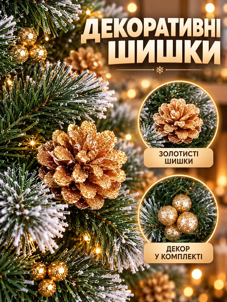 Сертифікована ялинка штучна пухнаста зі снігом і золотими шишками та перлинами YaLINKA КZ22 220 см із високоякісного нешкідливого - фото 6