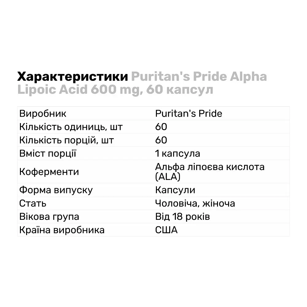 Натуральна добавка Puritan's Pride Alpha Lipoic Acid 600 mg 60 капсул - фото 2