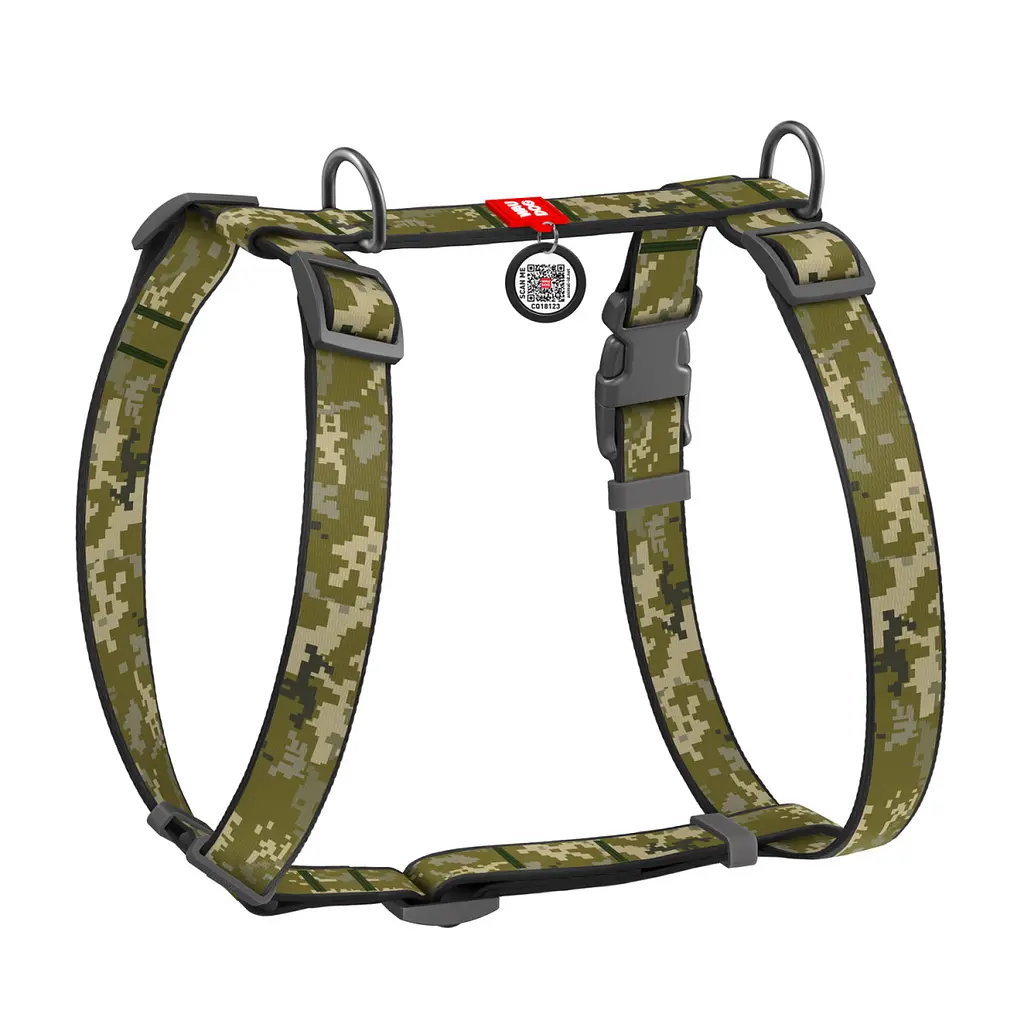 Шлея для собак Waudog Nylon, анатомічна, H-подібна, з QR паспортом, L, 50-90х60-100х2,5 см, Мілітарі - фото 1