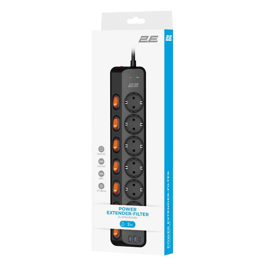 Сетевой фильтр-удлинитель 2E SP-6M-3SW-BK 3 м, 6xТипF, 16A, 2xUSB-A, 1x USB-C - фото 7
