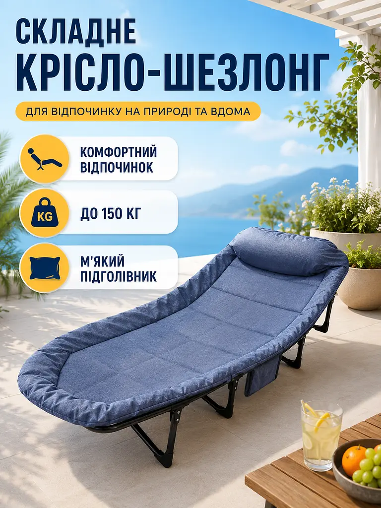 Шезлонг садовий пляжний розкладний 66×200 см до 150 кг із підголівником, лежак-розкладачка для дачі та кемпінгу, синій (49676106) - фото 2