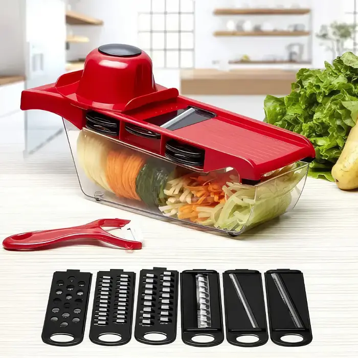 Овочерізка з резервуаром і насадками Mandoline Slicer 6 в 1 подрібнювач для овочів і фруктів - фото 2