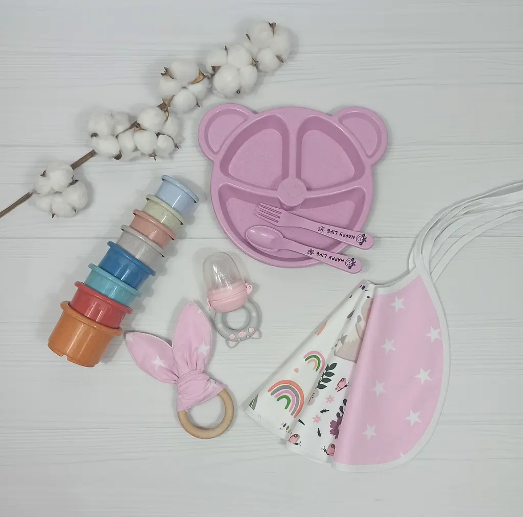 Набір дитячий з тарілочкою, ніблером, пірамідкою a.l.babybox Рожевий